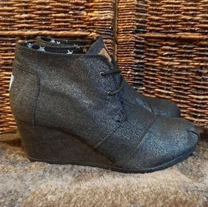 Botines TOMS para mujer 7,5 negros metálicos desierto con cordones cuña tobillo lona boho - Imagen 1 de 6