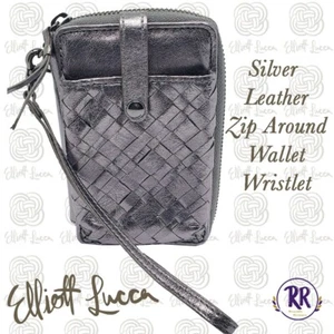 Elliott Lucca Silver Metallic Weaved Leather Wallet Wristlet Zip Around - Picture 1 of 10