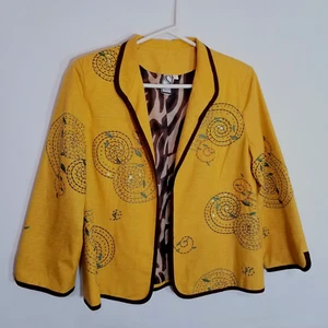 Silk Land Blazer Jacket Women's Large Yellow Silk Embroidered Sequins 3/4 Sleeve - Picture 1 of 8