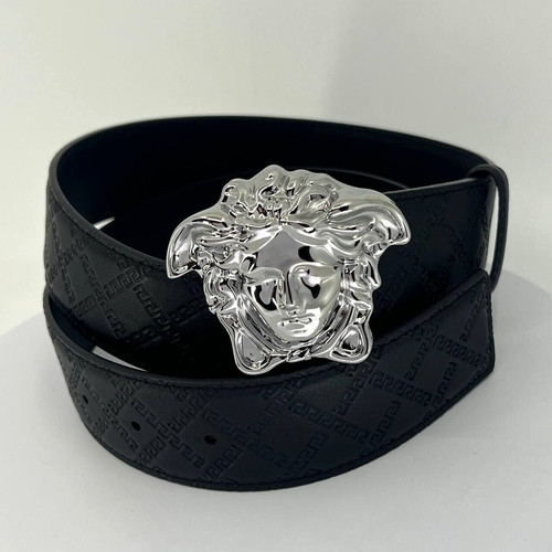 Versace Men Black Belt Geometric Pattern Medusa Decorative Buckle