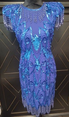 Vestido A. J. BARI Vintage 100% Seda Azul Lentejuelas Cuentas Midi Art Deco Talla 6P Foto 1 de 4