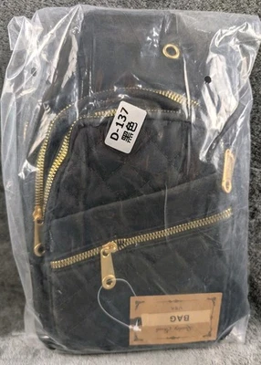 New Black Quilted Mini Backpack Purse Crossbody Bag Gold Zippers Travel Casual - Image 1 of 4