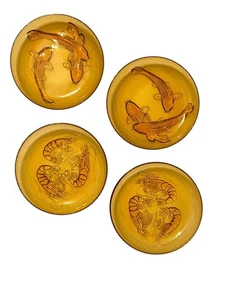 Vintage Amber Glass Embossed Koi Fish & Prawn Plates - Set Of 4 - Picture 1 of 7