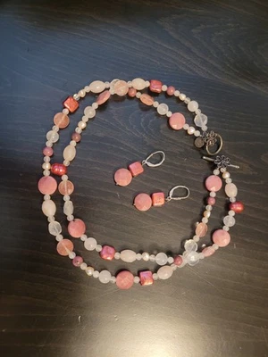 Pink Pearl Clear Whitel Beads Necklace Choker And Earrings - Image 1 of 4