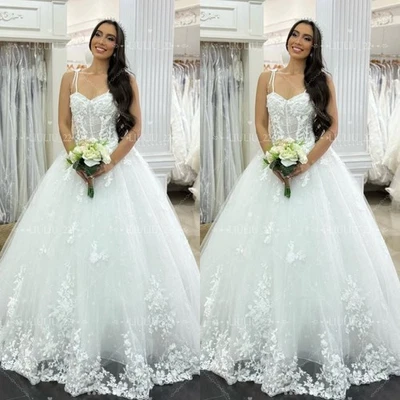 Classic Wedding Dresses Spaghetti Straps Lace Applique A-Line Train Bridal Gowns - Image 1 of 4
