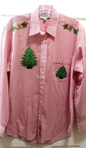 Las Olas Button Up Damen Shirt rot weiß gestreift Gr. S Weihnachten Vintage bestickt - Bild 1 von 11