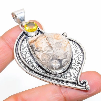 Ciondolo In Argento Sterling 925 Con Gemma Di Corallo Fossile E Citrino 2.76 - Immagine 1 di 4