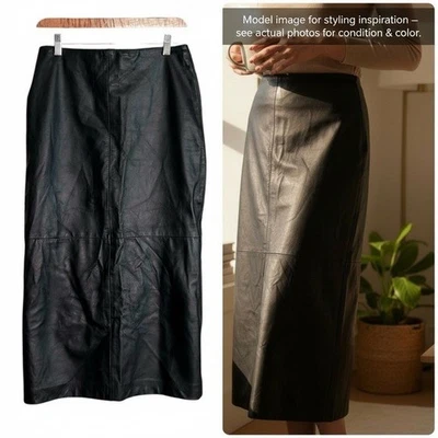 Falda midi vintage DANIER de cuero genuino negra años 90 minimalista cuero real talla 6 Foto 1 de 4
