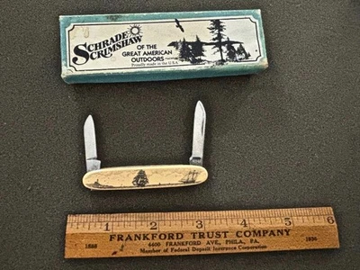 SCHRADE BARLOW 594SC Scrimshaw Pocket knife Sailing Ships Mint - Image 1 of 4