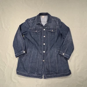 Chicos Jean Jacket Women XL 16 18 Blue Denim Long Coat Pockets Stretch Slimming - Picture 1 of 13