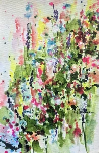 Original signiertes Aquarell. Floral.Abstrakt. Rosa. Gelb. Blumenstrauß. - Bild 1 von 1