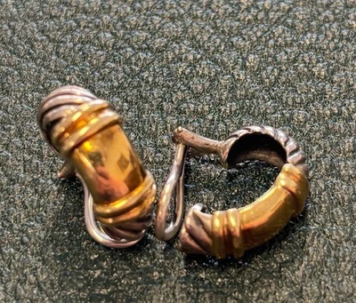 DESIGNER DAVID YURMAN EAR CLIP CABLE HOOP EARRINGS 14K GOLD STERLING SILVER - Image 1 of 3