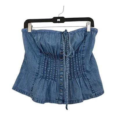 Top Tubo Free People Talla Mediana Azul Denim Guiño Calado Ojales Botones Foto 1 de 4