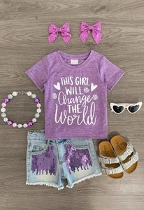 Girl’s Sparkle In Pink - Girl Will Change The World Denim Short Set - Size 7-8 - Picture 1 of 7
