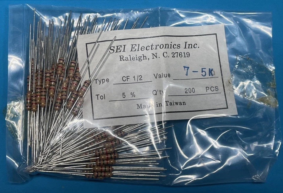 200 pcs of SEI Stackpole 7.5 KOhm Carbon Film Resistor 1/2W 5% Axial NOS Taiwan - Image 1 of 1
