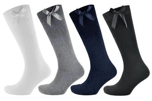 Knee High Socks Satin Ribbon Bow Girls Womens Cotton School Sock(3, 6, 12 PAIRS) - Picture 1 of 13