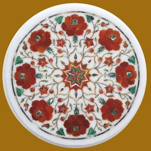 12" Marble Coffee Table Floral Art Semi Precious Stone Carnelian Handmade - Picture 1 of 1