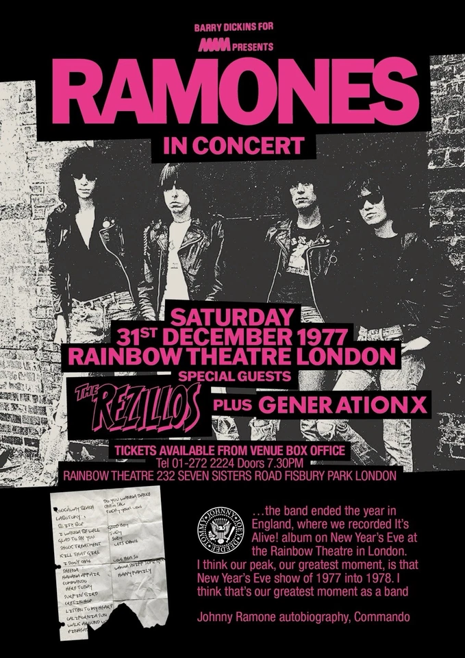 Ramones NYE 1977 Rainbow Theatre, London It’s Alive commemorative A1 Poster - Image 1 of 1