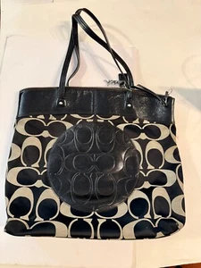 Coach Signature F18335 Laura Black Gray Jacquard Large Tote Handbag Purse - Picture 1 of 7
