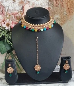 Multi Coloured Choker Costume Jewellery Necklace Earring Tikka Set Party Wear - Picture 1 of 1