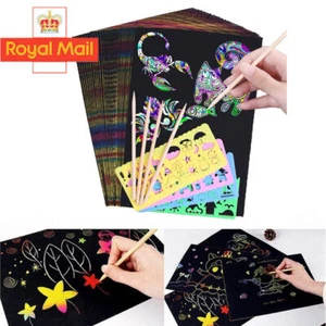 50 Sheets Scratch Art Paper Magic Rainbow Painting Doodle Boards 5 Wooden Stylus - Picture 1 of 10