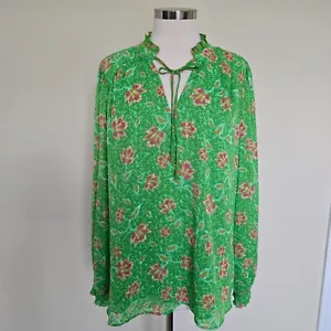 Joie Size XL Green Pink Floral Long Sleeve Ruffle Collar Top Shirt Blouse NWT - Picture 1 of 15