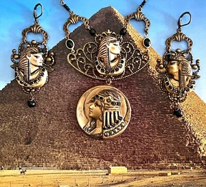 Deco Egyptian Revival Neiger, Selro Style Necklace Set, Tut, Antique Gold, Black - Picture 1 of 7