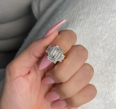 5 Ct Emerald Cut Certified Lab Grown Diamond Three Stone Ring 14k Yellow Gold - Image 1 of 4