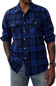 PJ PAUL JONES Mens Flannel Plaid Shirt Casual Long Sleeve Button Down Shirts wit