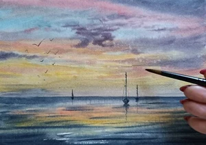 Original Painting Artwork Watercolor Modern Landscape Seascape Nautical Art CA - Picture 1 of 17