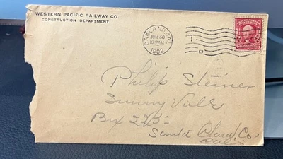 1909 Western Pacific Railway business cover to Sunnyvale, California - Image 1 of 4