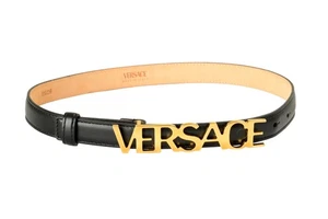 Versace schwarz 100 % Leder Gold Logo Schnalle verziert Gürtel US 26 IT 65 - Bild 1 von 4