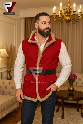 Colete de lã masculino cosplay Natal couro Papai Noel vermelho colete jaqueta - Imagem 1 de 3