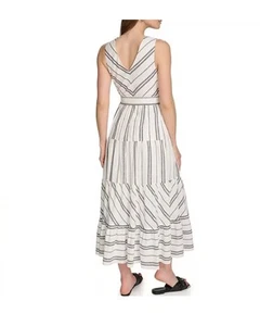 DKNY by Donna Karan Linen Stripe Print V-Neck Sleeveless Tie Waist Maxi Dress 24 - Picture 1 of 11