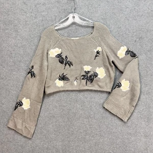 Willow Clay Pullover Sweater L Taupe Embroidered Flare Sleeve Lagenlook Grunge - Picture 1 of 8