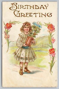 1910 Birthday Cute Little Girl with Pot of Flowers Gold Gilt Embossed Germany PC - Picture 1 of 2