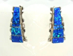 Navajo Earrings Lab Created Opal Signed SF Posts Studs Sterling Silver #461 - Picture 1 of 6