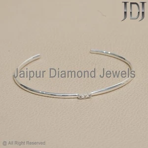 925 Silver Jewelry Natural Pave Diamond Stackable Open Minimalist Cuff Bangle - Picture 1 of 6