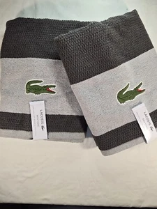 NWT LACOSTE GRAY Cotton Bath Towels 30"x 52" Big Crocodile Logo Set Of 2 - Picture 1 of 8
