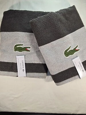 NWT LACOSTE GRAY Cotton Bath Towels 30"x 52" Big Crocodile Logo Set Of 2 - Image 1 of 4