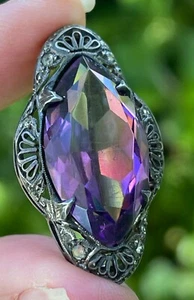 Art Deco Antique Sterling Silver filigree purple paste brooch pin jewelry - Picture 1 of 17