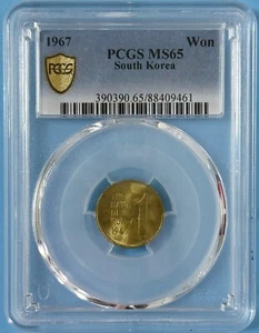 Korea Republic of South 1967 Brass 1 Won Choice BU Coin #2 Grade PCGS MS 65 Rose - Picture 1 of 3