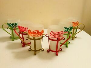 RARE VINTAGE 1960'S LOT 6 SODA FOUNTAIN SHOP FROSTED GLASSES WITH HOLDERS COLOR!