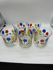 Vintage Primary Color Tulip Flower Drinking Glasses Mid Century Farmhouse  - Picture 1 of 6