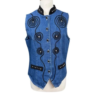 Chaleco Denim Vintage Green Field EE. UU. Bordado Occidental Concho Detalle de Tachuelas XL Foto 1 de 4