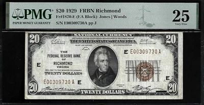 US Richmond  20 Dollars 1929 PMG 25 Fr #1870-E FRBN Jones/Woods. - Image 1 of 4
