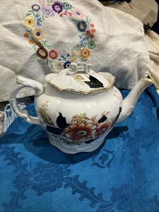 Myott große Orient Teekanne mit Fuß Rost Blumen grün schwarz mit Gold Rarität 1900-1907 - Bild 1 von 11