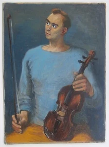 1940's Painting SOCIAL REALIST Stamped REGISTERED PAFA Male Violinist PA ARTIST - Picture 1 of 13