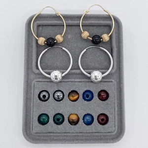14k Yellow Gold Interchangeable 6 Pairs Gemstone Ball Hoop Earrings - Picture 1 of 3