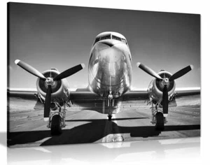 Vintage Black & White Shiny Airplane Canvas Wall Art Picture Print - Picture 1 of 1